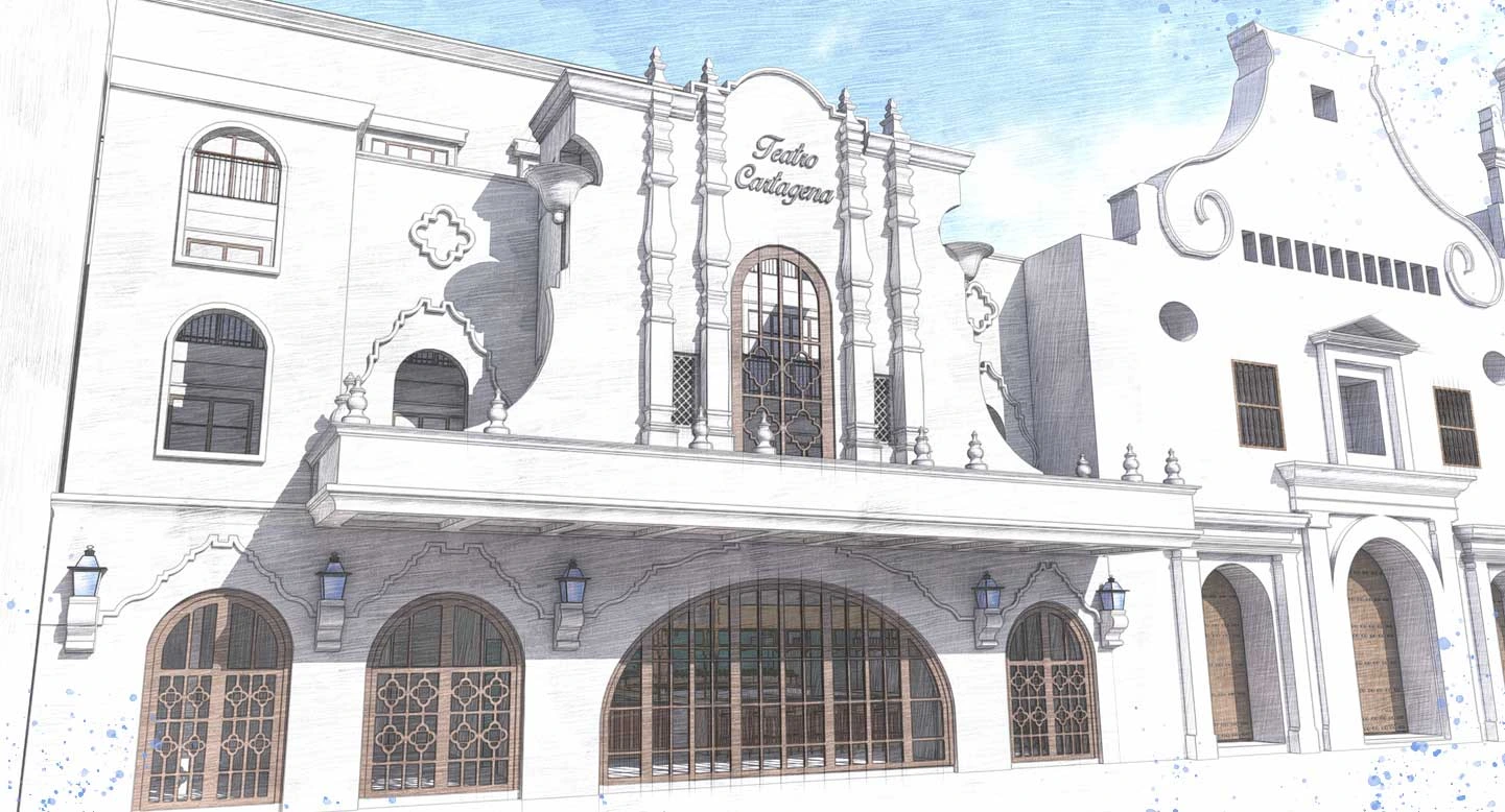 Fachada restaurada del Teatro Cartagena, ejemplo de la influencia del barroco mexicano adaptado al Caribe colombiano